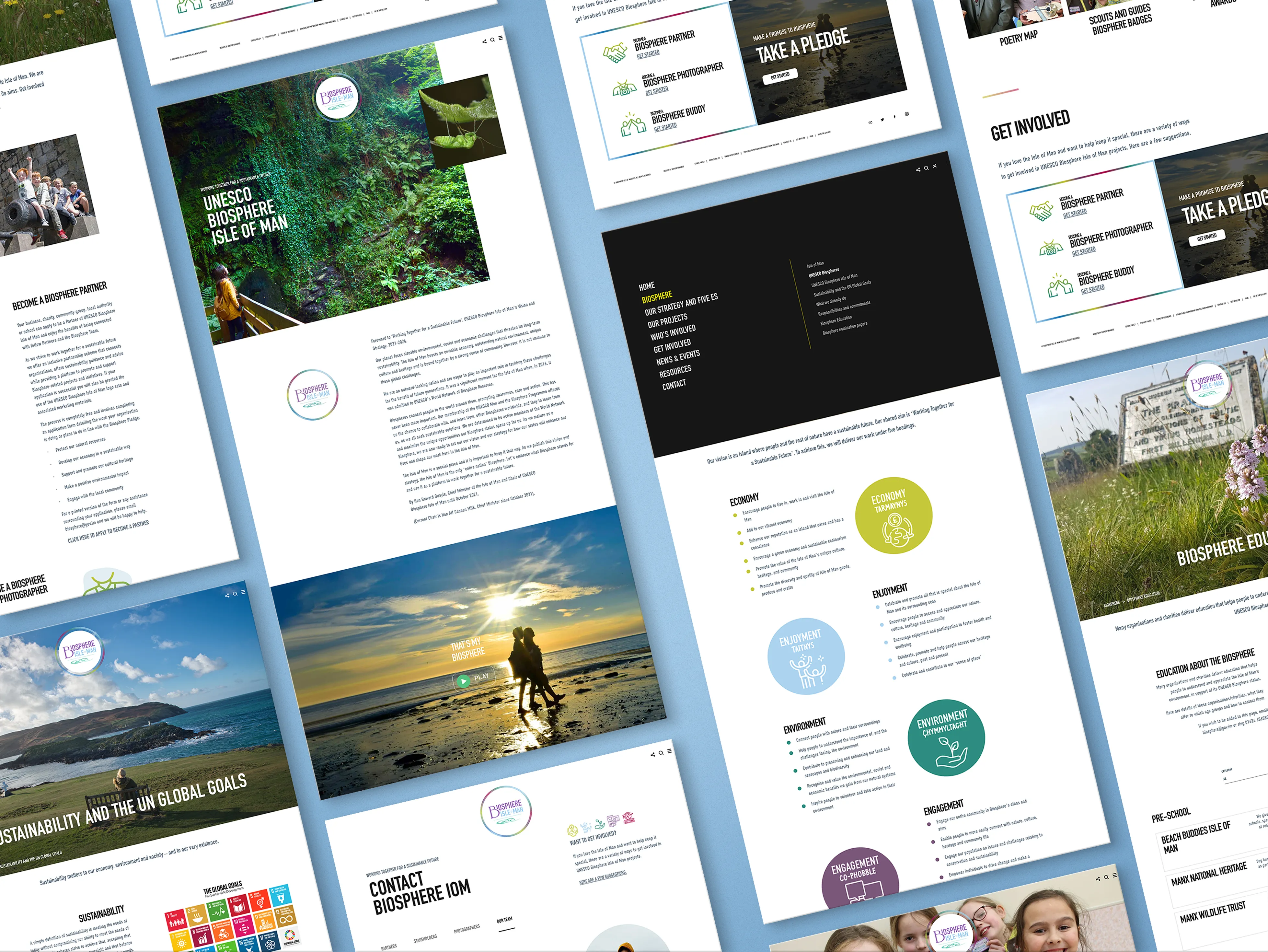 Biosphere Isle of Man website shown across multiple angled screens including UNESCO Biosphere, get involved, sustainability and UN global goals, vision and strategy, and contact pages, designed by DotPerformance